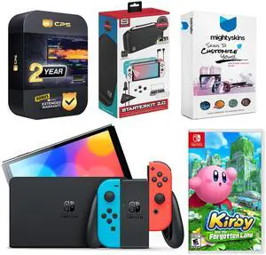 Nintendo Switch Neon Red & Blue OLED Console with Kirby and the Forgotten Land, Surge Accessory Gaming Kit, MightySkins Console and Controller Skin Voucher, and 2 Year CPS Extended Warranty