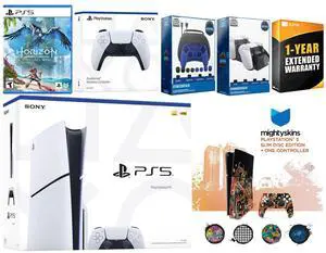 Sony Playstation 5 Slim Disc with Horizon Forbidden West, Extra White Controller, Gamer Kit, Charge Dock and MightySkins Decal Voucher + 1 Year CPS Extended Warranty