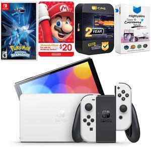 Nintendo Switch White OLED Console with Pokemon Brilliant Diamond, Nintendo $20 eShop Gift Card, MightySkins Console and Controller Skin Voucher, and 2 Year CPS Extended Warranty