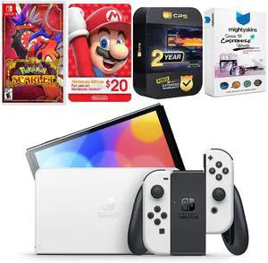 Nintendo Switch White OLED Console with Pokemon Scarlet, Nintendo $20 eShop Gift Card, MightySkins Console and Controller Skin Voucher, and 2 Year CPS Extended Warranty