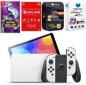 Nintendo Switch White OLED Console with Pokemon Violet, NSO 12 Month Family Membership, MightySkins Console and Controller Skin Voucher, and 2 Year CPS Extended Warranty