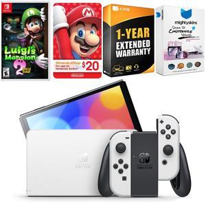 Nintendo Switch White OLED Console with Luigis Mansion 2 HD, Nintendo $20 eShop Gift Card, MightySkins Console and Controller Skin Voucher, and 1 Year CPS Extended Warranty