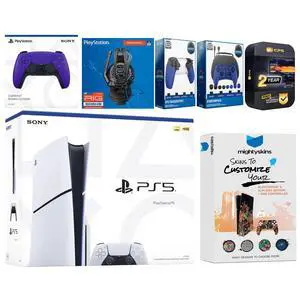Sony Playstation 5 Slim Disc with Extra Galactic Purple Controller, Plantronics Headset, Gamer Kit, Trigger Kit and MightySkins Decal Voucher + 2 Year CPS Extended Warranty