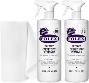 FOLEX Instant Carpet Spot Remover 32 oz  Powerful Stain Remover for Carpets, Upholstery & Rugs  Eliminates Pet Stains, Grease, Red Wine, Food, Makeup & More  With Reusable Cleaning Cloth  2 Pack