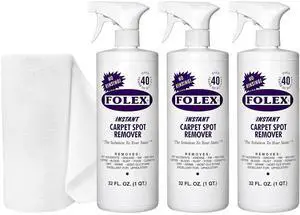 FOLEX Instant Carpet Spot Remover 32 oz  Powerful Stain Remover for Carpets, Upholstery & Rugs  Eliminates Pet Stains, Grease, Red Wine, Food, Makeup & More  With Reusable Cleaning Cloth  3 Pack