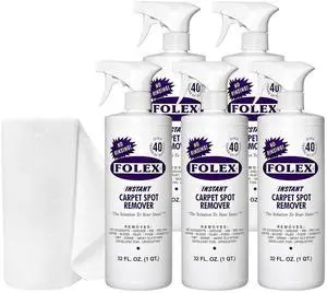 FOLEX Instant Carpet Spot Remover 32 oz  Powerful Stain Remover for Carpets, Upholstery & Rugs  Eliminates Pet Stains, Grease, Red Wine, Food, Makeup & More  With Reusable Cleaning Cloth  5 Pack