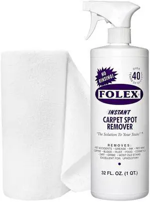 FOLEX Instant Carpet Spot Remover 32 oz  Powerful Stain Remover for Carpets, Upholstery & Rugs  Eliminates Pet Stains, Grease, Red Wine, Food, Makeup & More  With Reusable Cleaning Cloth  1 Pack