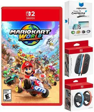 Nintendo Switch 2 Mario Kart World with Joy-Con 2 Blue/Red Controllers and Wheel with MightySkins Code
