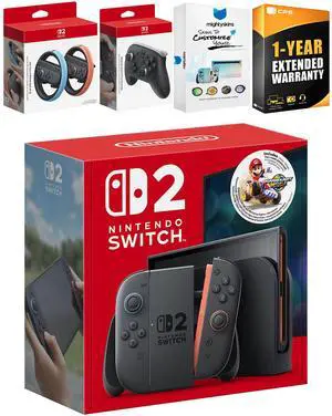 Nintendo Switch 2 Mario Kart World Bundle with Pro Controller, Joy Con Wheel, MightySkins Code and 1 CPS Year Extended Warranty