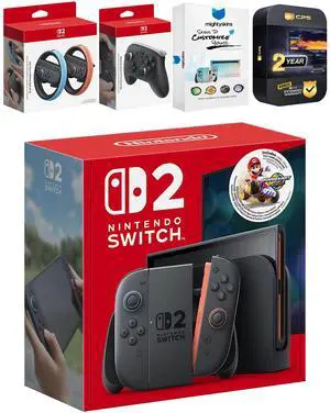 Nintendo Switch 2 Mario Kart World Bundle with Pro Controller, Joy Con Wheel, MightySkins Code and 2 CPS Year Extended Warranty