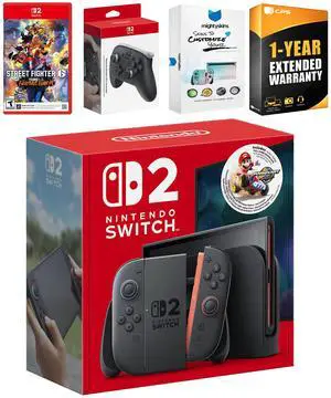 Nintendo Switch 2 + Mario Kart World Bundle with Street Fighter 6, Pro Controller, MightySkins Code and 1 CPS Year Extended Warranty