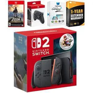Nintendo Switch 2 + Mario Kart World Bundle with Zelda Breath of the Wild, Pro Controller, MightySkins Code and 1 CPS Year Extended Warranty