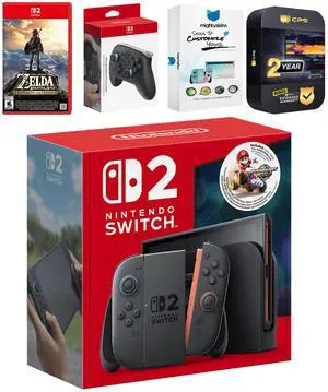Nintendo Switch 2 + Mario Kart World Bundle with Zelda Breath of the Wild, Pro Controller, MightySkins Code and 2 CPS Year Extended Warranty