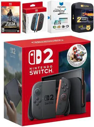 Nintendo Switch 2 + Mario Kart World Bundle with Zelda Breath of the Wild, Extra Joy-Cons, MightySkins Code and 2 CPS Year Extended Warranty