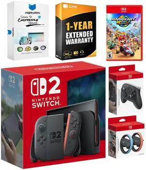 Nintendo Switch 2 Console with Mario Kart World, Pro Controller, Joy Con Wheel, MightySkins Code and 1 CPS Year Extended Warranty