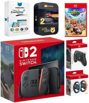 Nintendo Switch 2 Console with Mario Kart World, Pro Controller, Joy Con Wheel, MightySkins Code and 2 CPS Year Extended Warranty