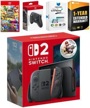 Nintendo Switch 2 + Mario Kart World Bundle with Super Mario Party Jamboree, Pro Controller, MightySkins Code and 1 CPS Year Extended Warranty