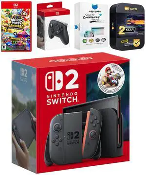 Nintendo Switch 2 + Mario Kart World Bundle with Super Mario Party Jamboree, Pro Controller, MightySkins Code and 2 CPS Year Extended Warranty