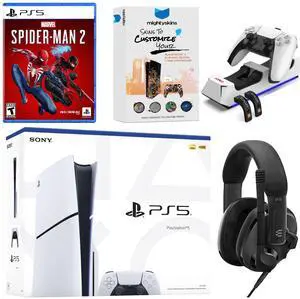 Sony PlayStation 5 Slim Disc Bundle with Spider-Man 2, EPOS Headset, Charging Dock and MightySkins Code