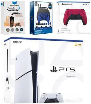 Sony PlayStation 5 Slim Disc Bundle with Extra Controller, Accessory Kit and MightySkins Code - Cosmic Red