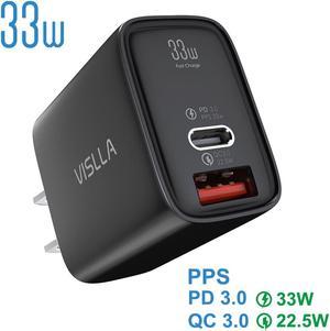 USB C Charger, VISLLA 33W PPS PD 3.0 QC 3.0 GaN II Dual Port Super Fast Charging Block, Type-C Wall Adapter for iPhone 14/13/12/11, Samsung Galaxy S22/S21/S20/Note 20, Pixel, MacBook, iPad Pro,&More