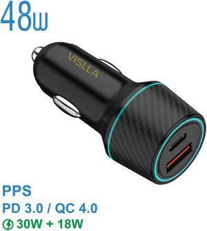 Car Charger, VISLLA 48W Dual Port USB C Fast Adapter PD3.0&QC 4.0 Quick Charge 3.0 auto car accessories Compatible with iPhone 14 13 12 11 X Samsung Galaxy S22/S21/S20 Note 20 Pixel,Switch and more