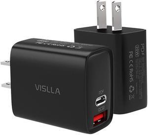 VISLLA USB C Wall Charger 20W Dual Port PD Fast Charger Power Delivery Type C 2Port PD3.0 QC 3.0 Fast Charging Block  Adapter for iPhone 14/13/12/11 /X, iPad Pro, Samsung Galaxy Pixel and More 2 Pack
