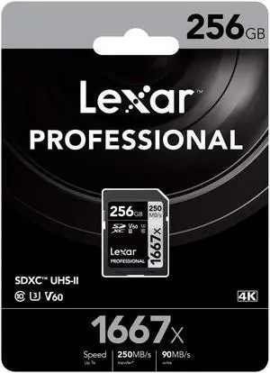 Original Lexar 1667x V60 250MB/s Flash Memory sd cards 64gb 128GB UHS-II U3 Card high speed 256GB SDXC For 3D 4K HD video (256GB)