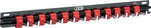 JCK Professional Quality Rack of Wrench Organizer Black Aluminum & Red Plastic Clips molding Integrated with Steel Hooks Organize Wrenches Secure Clip Toolbox Combination Storage