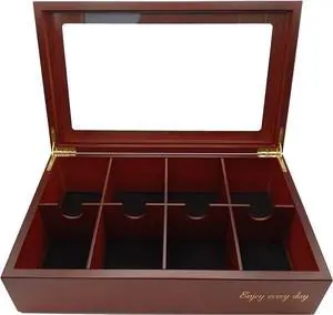 BJOYFUL&LOVED BJL Tea Bag Organizer, Wooden Tea Box with 8 Compartments, Large Capacity Tea Holder for Storage, Decorative Vintage Handmade Tea Container, Cherry Color, with Window Lid
