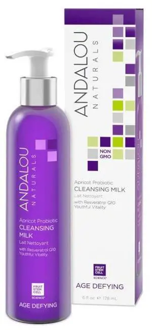 Andalou Naturals Probiotic Cleansing Milk, Apricot Facial Cleanser for Dry, Dehydrated Skin, Gentle Makeup Remover, Hydrating Anti Aging Face Wash, Cruelty Free, 6 Fl Oz