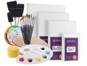 Glokers Canvas Panels Painting Kit | Art Supplies Set Includes Paint Palette, Sponge Brushes, Canvases, Paintbrushes & Mixing Wheel | Warp-Free Painting Canvas Great for Acrylic, Oil & Watercolor