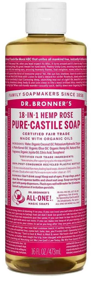 Dr. Bronner's - Pure-Castile Liquid Soap (Rose, 16 ounce) - Made with Organic Oils, 18-in-1 Uses: Face, Body, Hair, Laundry, Pets and Dishes, Concentrated, Vegan, Non-GMO