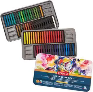 Derwent Inktense Blocks 72 Tin, Set of 72, 8mm Block, Soft Texture, Watersoluble, Ideal for Watercolor, Drawing, Coloring, Crafts and Painting on Paper and Fabric, Professional Quality (2301980)
