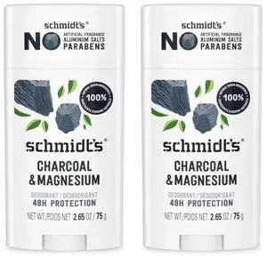 Schmidt's Aluminum-Free Vegan Deodorant Charcoal & Magnesium with 48 Hour Odor Protection, 2 Count for Women and Men, Natural Ingredients, Cruelty-Free, 2.65 oz, Pack of 2