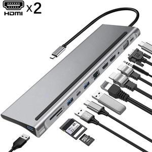 12in1 Type-c Docking Station to Dual HDMI*2 VGA Audio 3.5mm TF/SD Reader RJ45 Ethernet PD Charge USB-C HUB for Laptop Phone Tab
