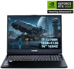 Hasee T8 (16'', i7-12700H, RTX3060), AI Gaming Laptop, Intel i7-12700H 4.7GHz, 16G RAM, 512G NVMe PCIe SSD, RTX3060 6G GDDR6, 16'' 2.5K 165Hz IPS Display, RGB KB, WiFi6, BT5.2, Win11, Obsidian Black