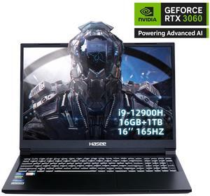 Hasee T8 (16'', i9-12900H, RTX3060), Gaming Laptop, i9-12900H 5.0GHz, 16G DDR4 RAM, 1T NVMe PCIe4.0 SSD, RTX3060 6G GDDR6, 16'' 2.5K 165Hz IPS Display, RGB KB, WiFi 6, BT 5.2, Win 11, Obsidian Black