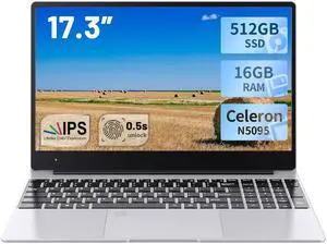 Jasminer 17.3 Inch Display Laptop Intel N5095 DDR5 16GB RAM 512GB SSD DDR5 HD 1600*900 Notebook Office Study Computer PC Sliver