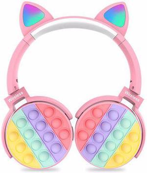 Fidget Headphones Kids Toy Headset Wireless Bluetooth Headphone Pop Bubble OnEar Headphone Fidget Toy Rainbow Color Fidget Headset for Children Adults PinkCat