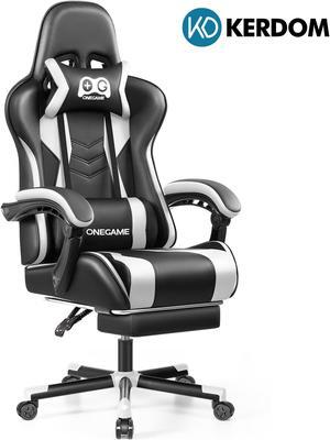 KERDOM Ergonomic Gaming Chair with Footrest and Lumbar Support, High-Back Racing-Style PC Chair, Adjustable PU Leather Office Chair Black / White