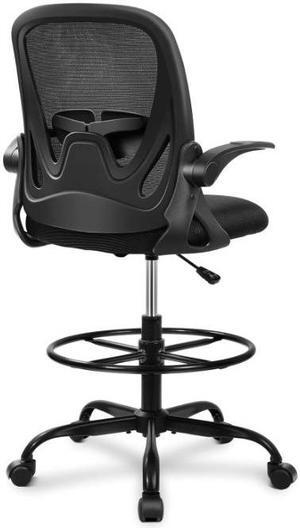 Primy Drafting Chair Tall Office Chair with Flip-up Armrests Executive Ergonomic Computer Standing Desk Chair with Lumbar Support and Adjustable Footrest Ring (Black)