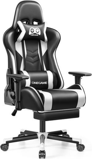 KERDOM Adult Ergonomic Gaming Chair with 3D Armrests, Racing-Style Chair with Footrest and Lumbar Pillow, Tilt Lock, and PU Leather Design  for Gaming or Office Black / White