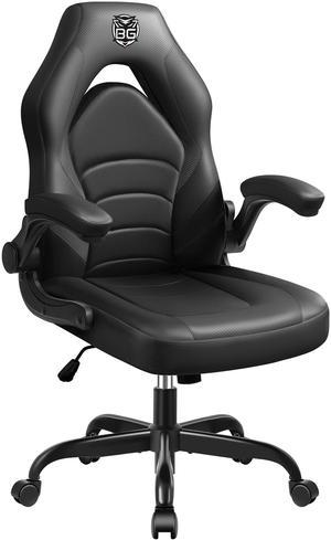 KERDOM Ergonomic Leather High-Back Gaming Chair, With Flip-Up Arms, Adjustable Lumbar Support, Swivel Tilt, and Smooth-Rolling Wheels, Ergonomic Office Desk Chair for Comfort and Style - Black