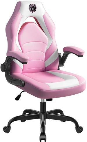 KERDOM Ergonomic Leather High-Back Gaming Chair, With Flip-Up Arms, Adjustable Lumbar Support, Swivel Tilt, and Smooth-Rolling Wheels, Ergonomic Office Desk Chair for Comfort and Style - Pink