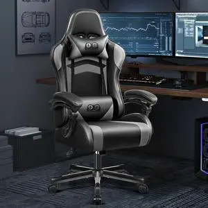 KERDOM Ergonomic High-Back Gaming Chair  Height-Adjustable, Linked Armrests, Reclining Seat with Built-in Lumbar & Head Cushion, for Home, bedroom or Office, Black/Grey