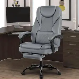 Executive Office Chair, Big and Tall Office Chair with Foot Rest Reclining Leather Chair High Back Lumbar Support Ergonomic Office Chair with Padded Armrests Gray