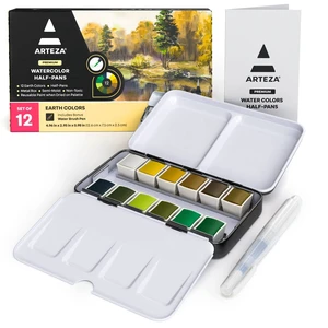 ARTEZA Watercolor Paint Set, 12 Pastel Tones Half Pans, Watercolor Set with Brush, Semi Moist Pastel Paint ARTEZA Watercolor Paint Set, 12 Pastel Tones Half Pans, Watercolor Set with Brush, Semi Moist Pastel Paint