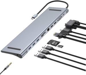 USB C Hub,Docking Station Triple Display Aluminum Multi-Function 11 in 1 Hub MacBook Pro, Mini Display Port,Gigabit Ethernet,3.0 USB Ports,SD Card, Headphone/Speaker Connections,HDMI/VGA/SD/TF/RJ45/US