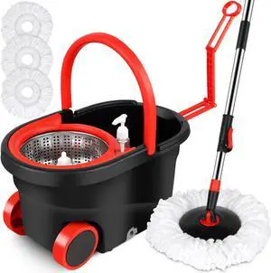 Plus 61" Extended 360° Swivel Spin Mop and Bucket System with 3 Microfiber Mop Heads & Four Sections of Rod for Indoor & Outdoor, Portable Carrying Wheel Mop Floor Cleaning